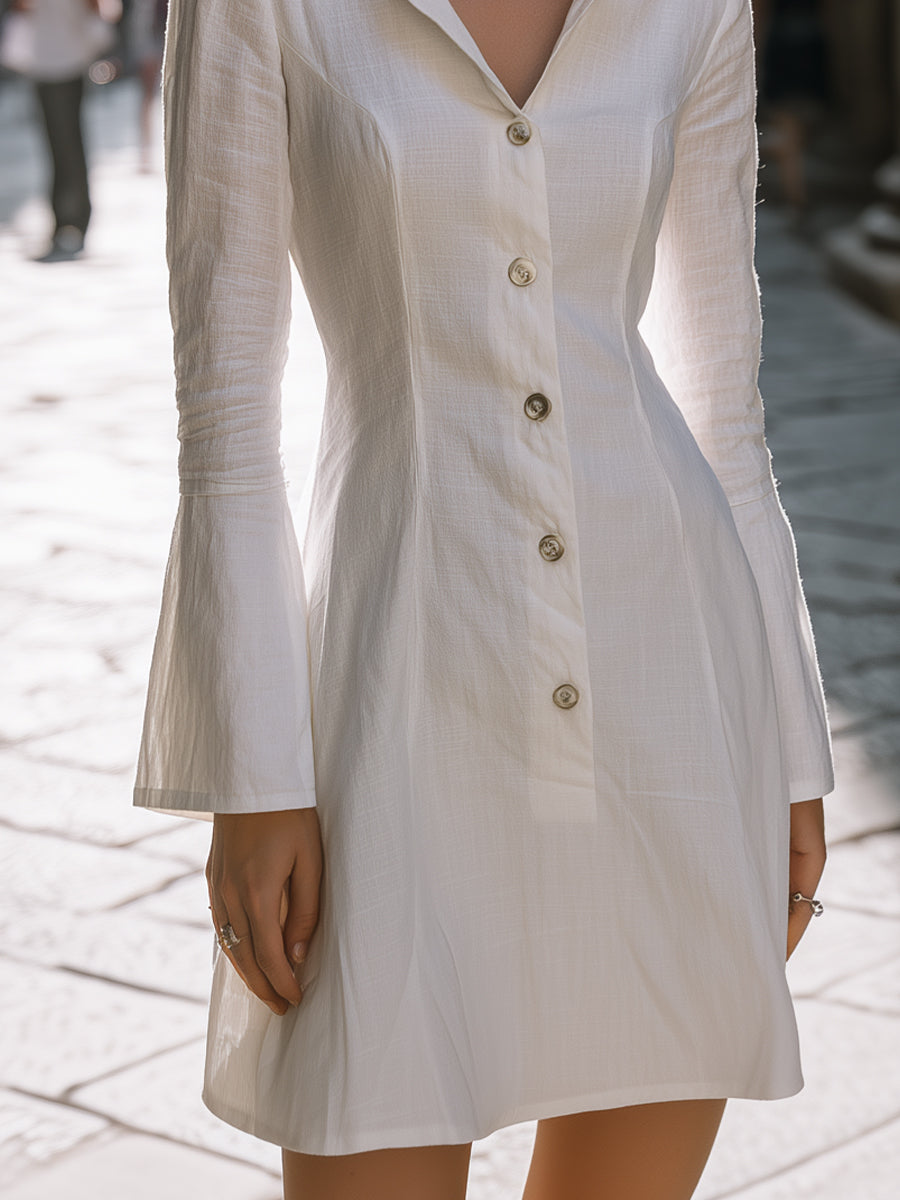 Vintage-Inspired Linen Blend Mini Shirt Dress With Flared Bell Sleeves | Elegant Women's Dress