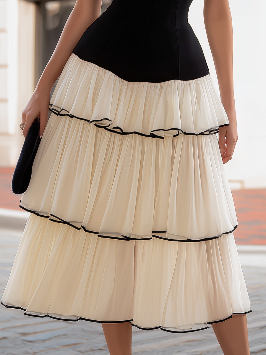Strapless Contrast Tiered A-Line Midi Dress | Elegant Women's Dress