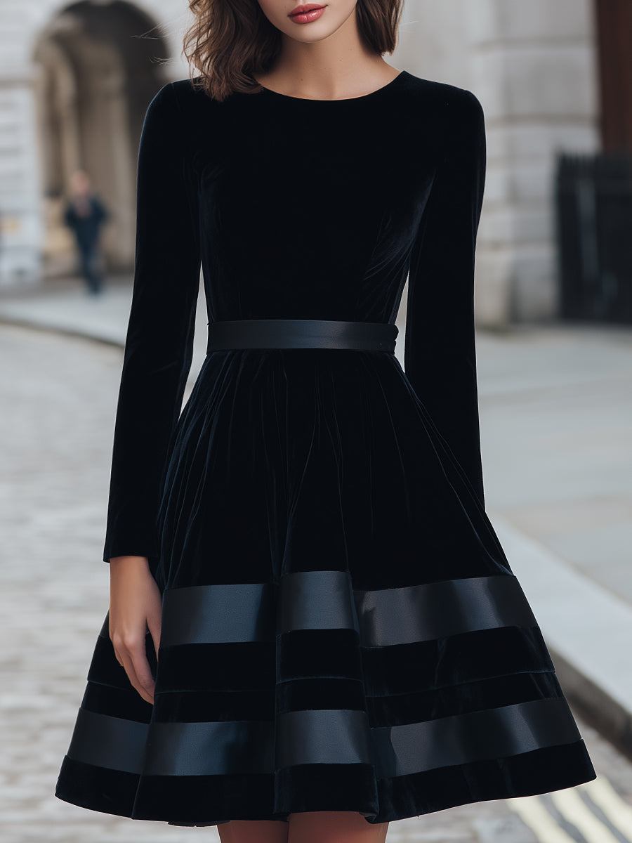 Black Velvet Fit-and-Flare Dress With Satin Stripes | Elegant Women's Dress