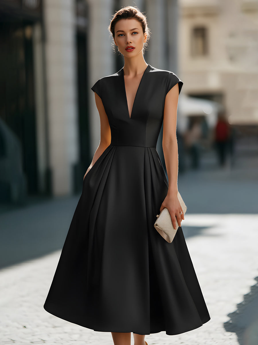 Cap-Sleeve Deep V-Neck Pleated Midi Dress | Elegant Women's Dress