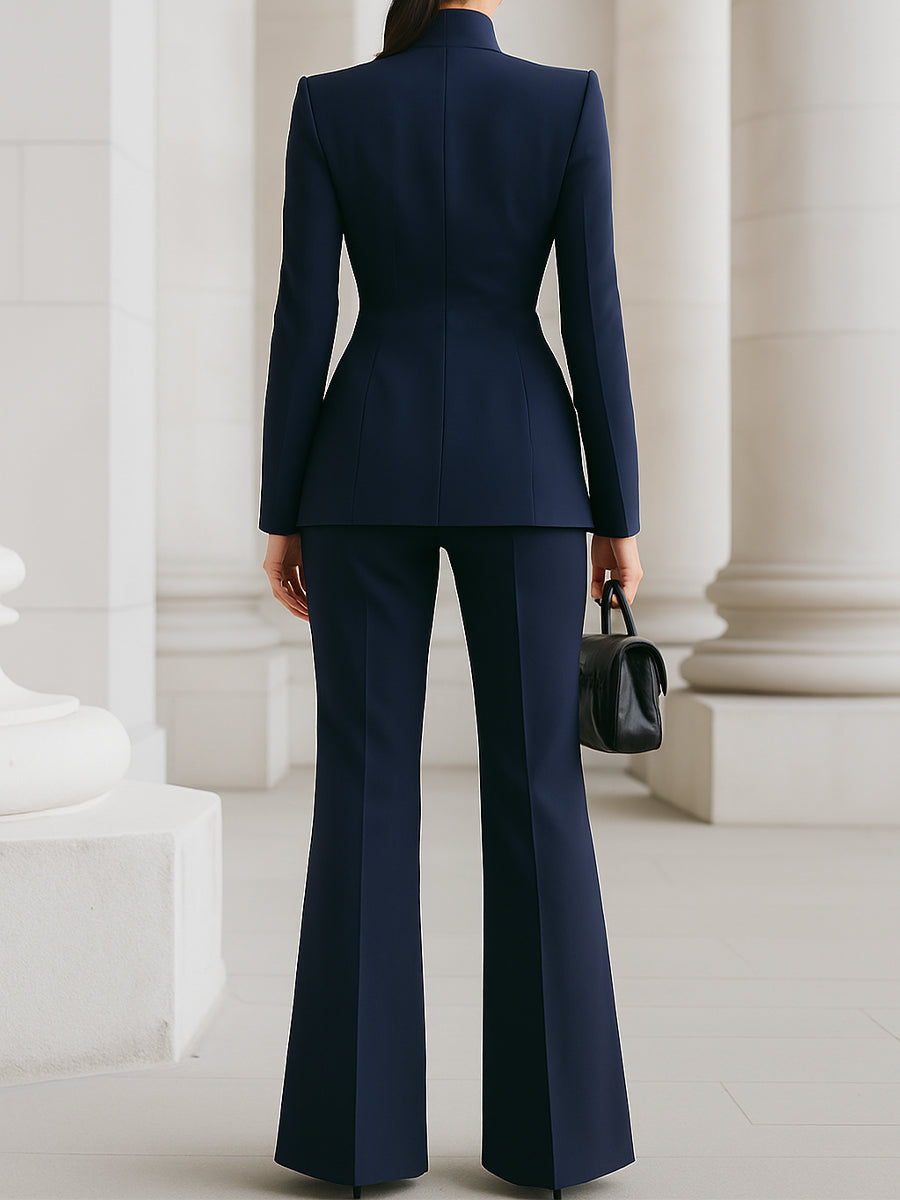 Sophisticated  High-Collar Blazer & Wide-Leg Trousers Set | Elegant Women's Dress