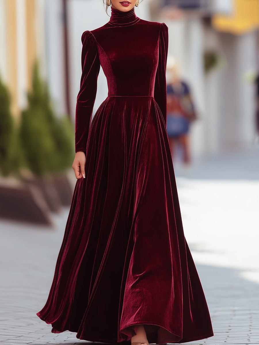 Burgundy Velvet Long-Sleeve Gown | Elegant Women's Dress