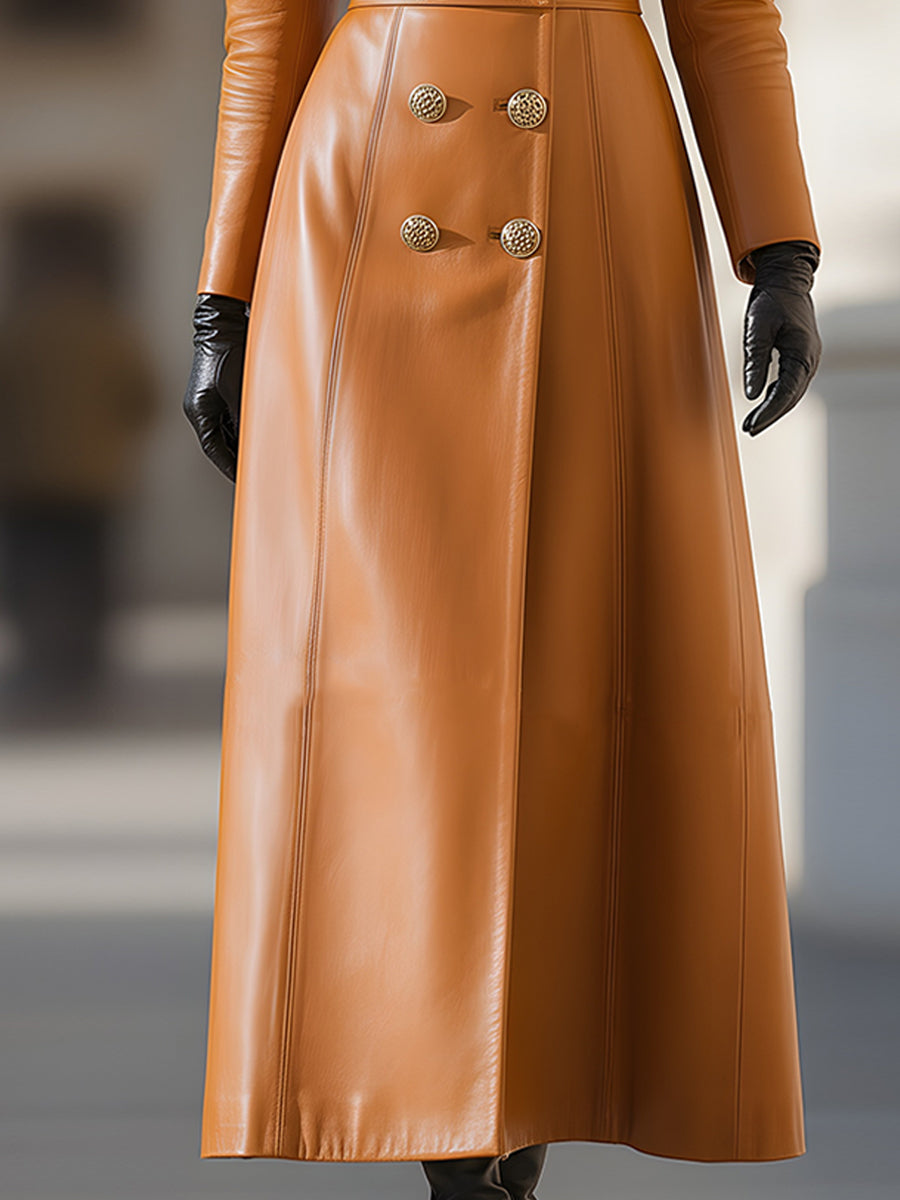 Caramel Leather Double-Breasted Coat With Fur Collar | Elegant Women's Dress