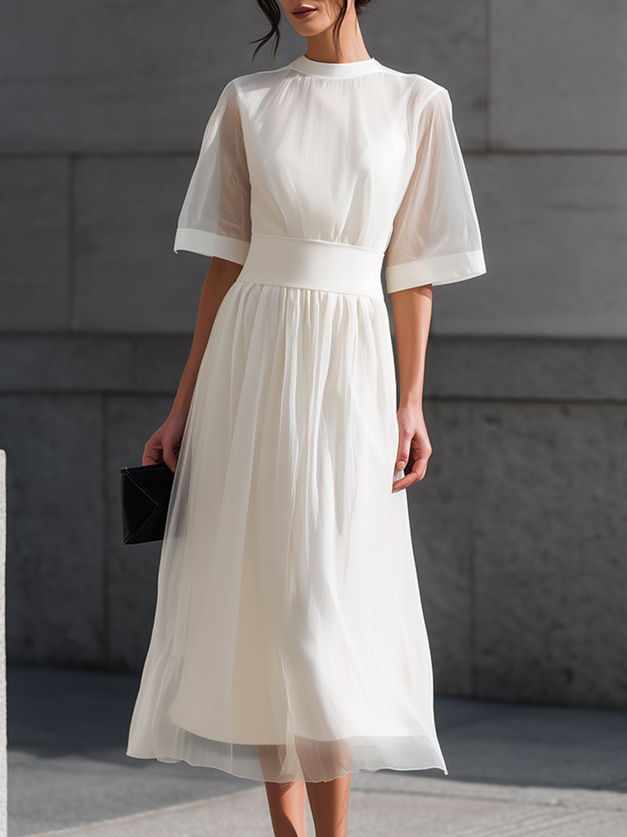 Sheer Sleeve Waist-Defined Midi Dress | Elegant Women's Dress