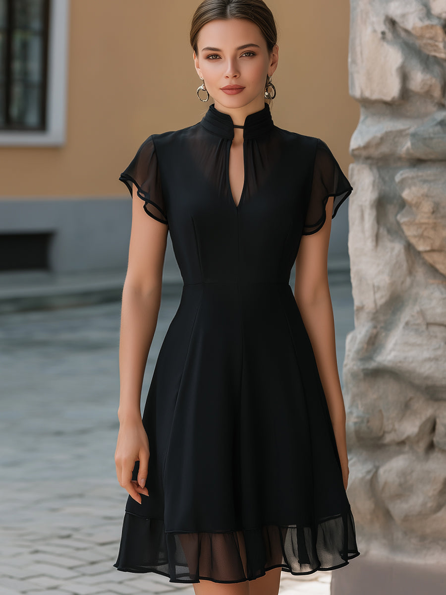 Chiffon Mandarin-Collar Flutter Sleeve A-Line Dress | Elegant Women's Dress