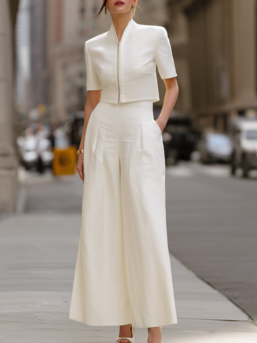 Modern Structured Two-Piece Set – Cropped Zip-Front Jacket & Wide-Leg Trousers | Elegant Women's Dress