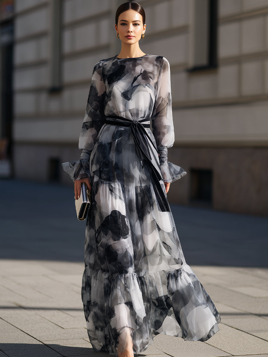 Abstract Print Tie Waist Maxi Dress | Elegant Women's Dress