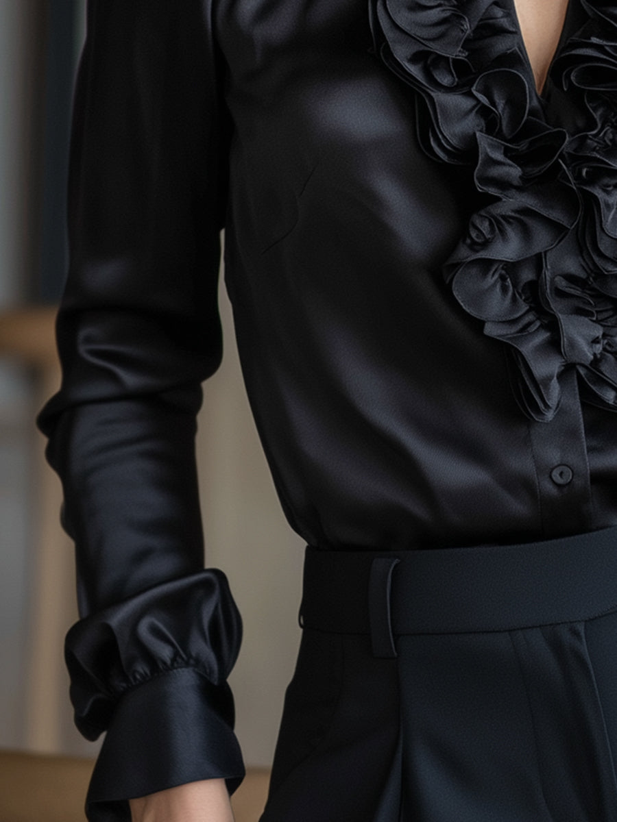 Black Satin Ruffled V-Neck Long Sleeve Blouse | Elegant Women's Dress