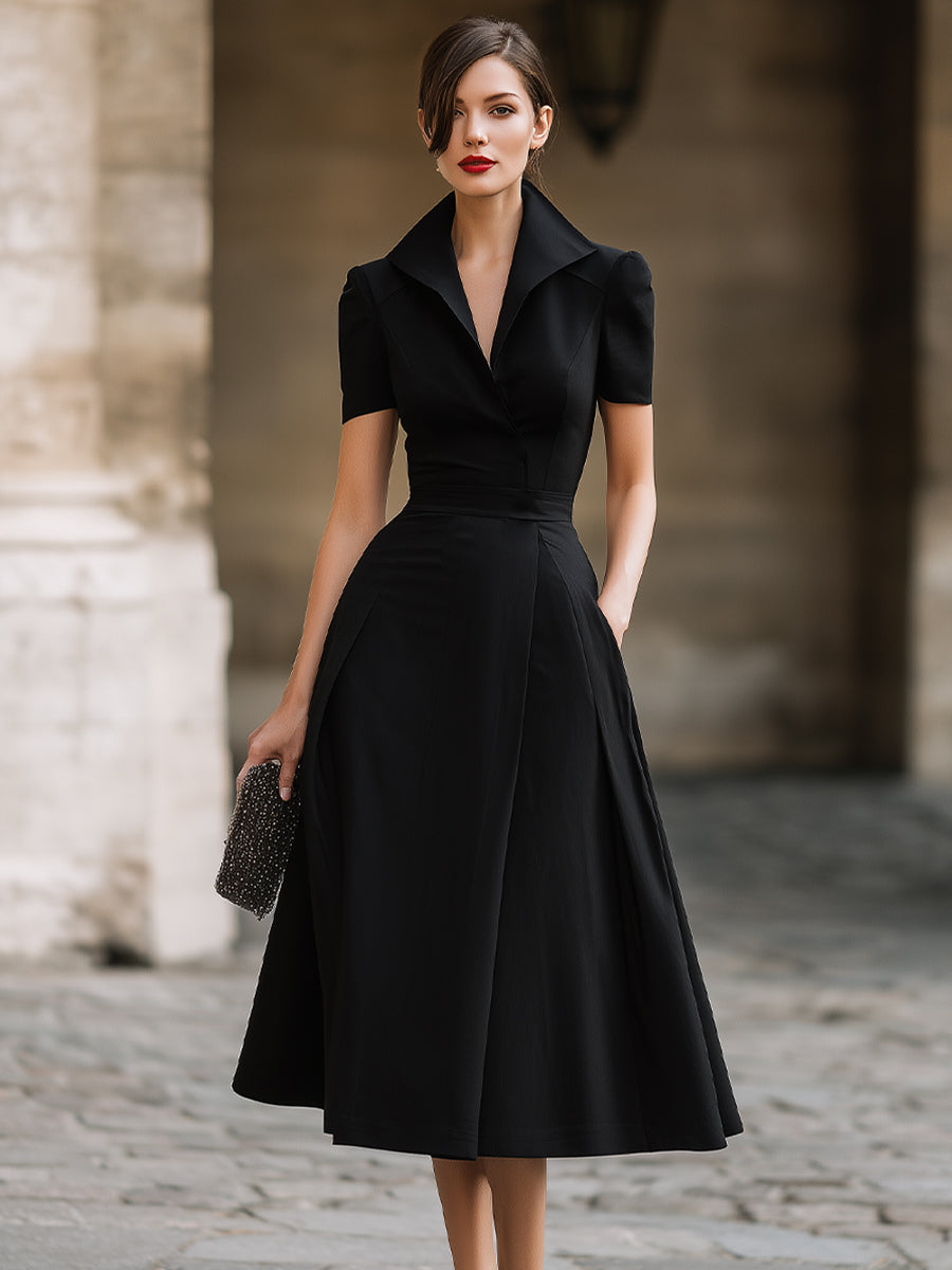 Short-Sleeve Notched Collar Midi Dress | Elegant Women's Dress