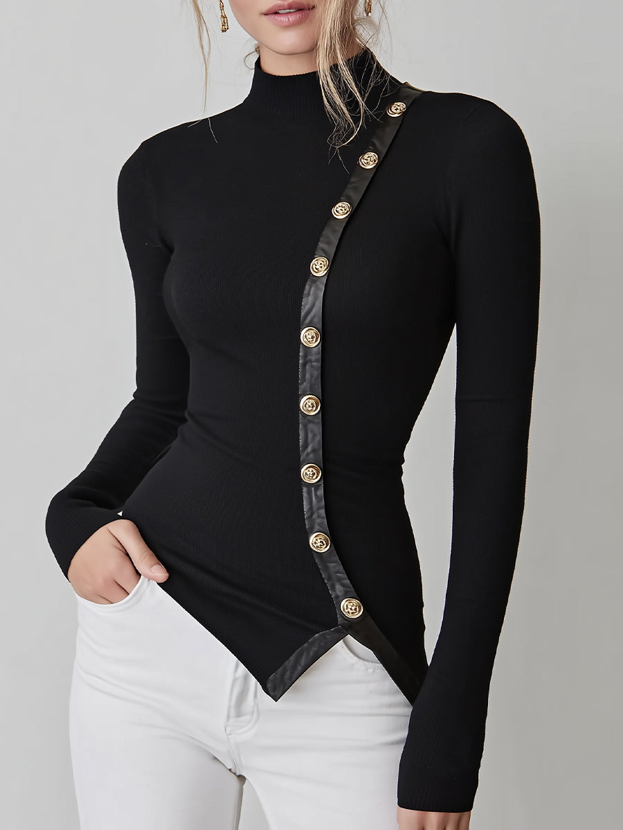 Black Rib-Knit Turtleneck Top - Edgy Leather Trim & Gold Button Detail | Elegant Women's Dress