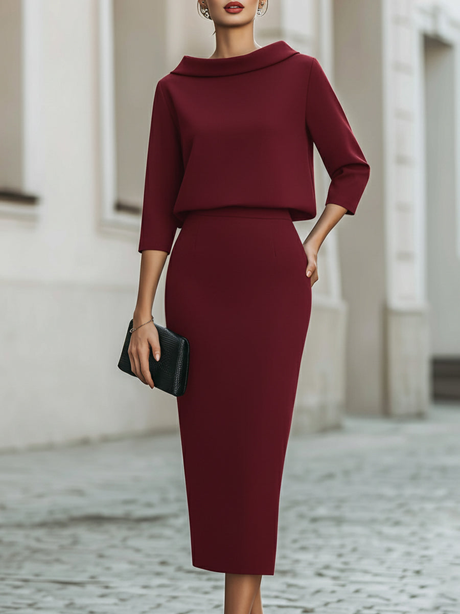 Boat Neck Top And Midi Skirt Set | Elegant Women's Dress