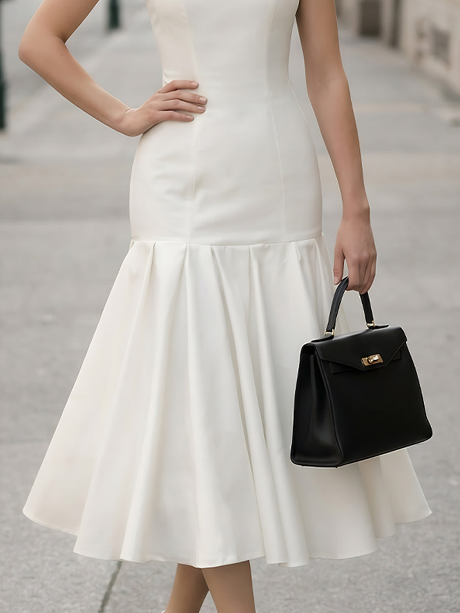 Square-Neck Fitted Midi Dress With Flared Hem | Elegant Women's Dress