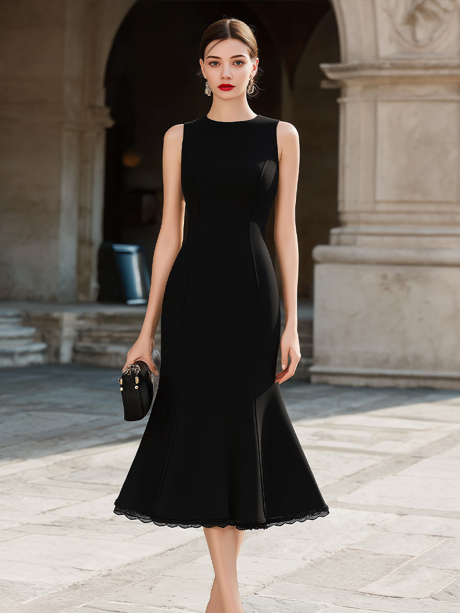 Sleeveless Sculpted Midi Dress With Flared Hem | Elegant Women's Dress