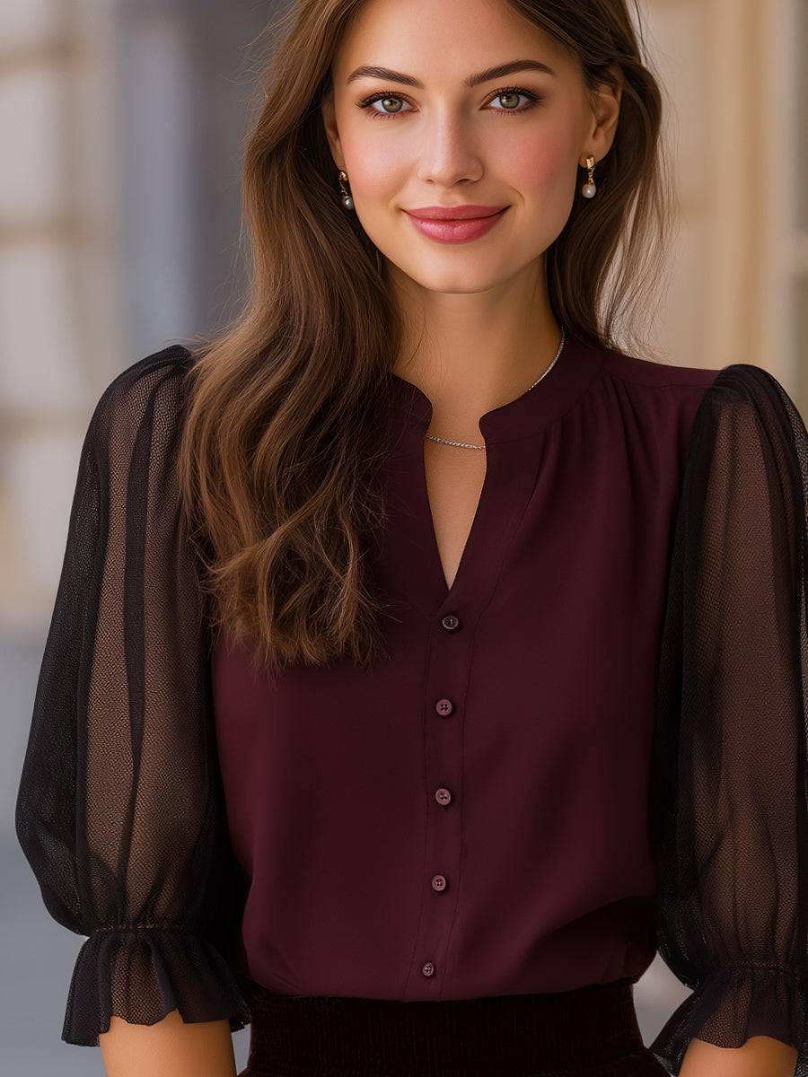 Sheer Puff Sleeve Button-Up Blouse | Elegant Women's Dress