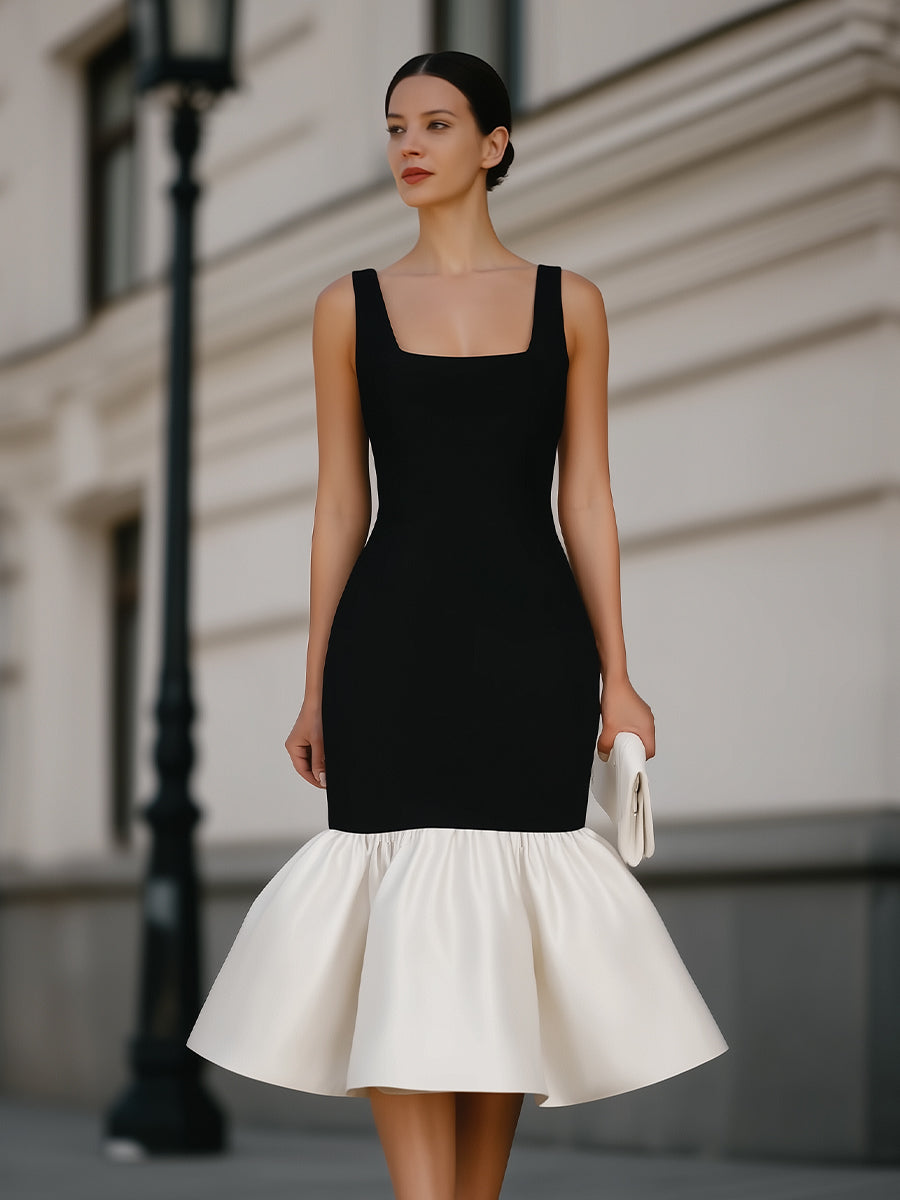 Square Neck Sleeveless Ruffle Hem Midi Dress | Elegant Women's Dress