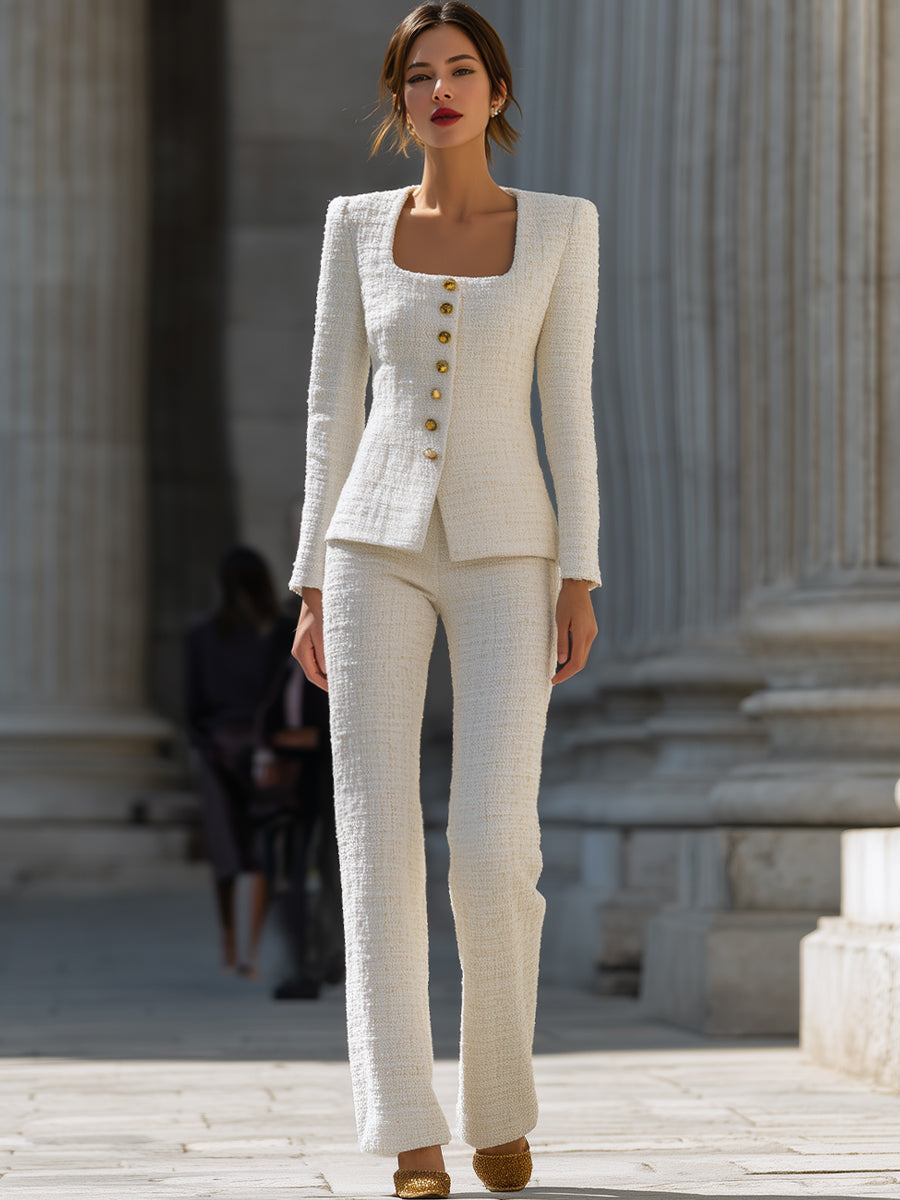 Ivory Tweed Square-Neck Suit Set | Elegant Women's Dress