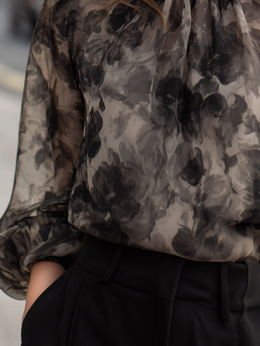 Sheer Floral Print High-Neck Long Sleeve Blouse | Elegant Women's Dress