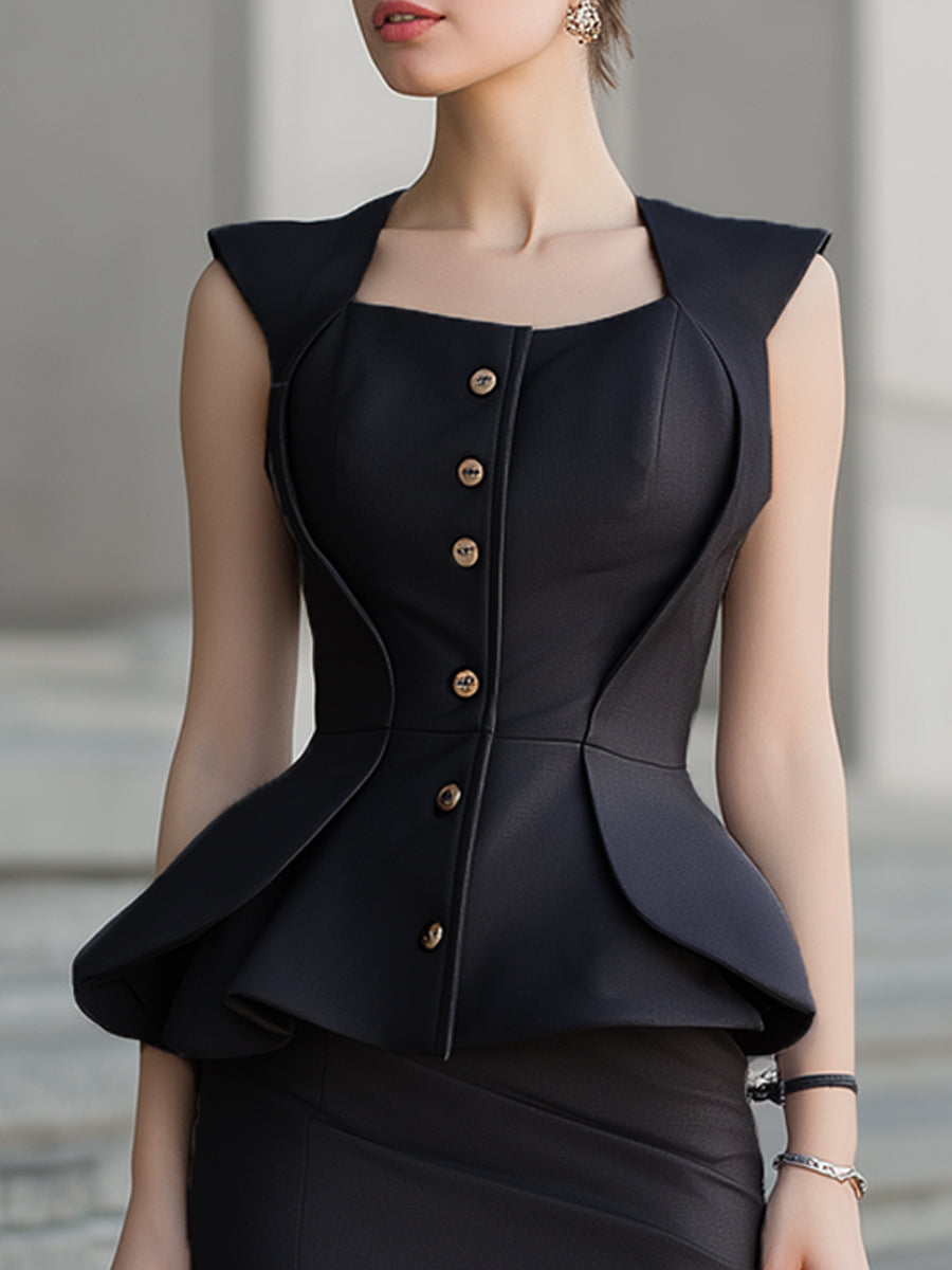 Modern Peplum Hourglass Two-Piece Midi Skirt Set | Elegant Women's Dress