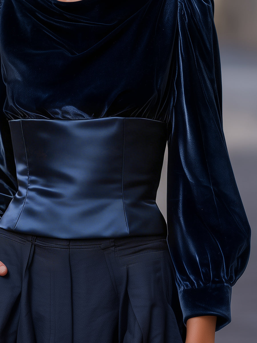 Velvet Draped Long-Sleeve Top With Sculpted Waist | Elegant Women's Dress