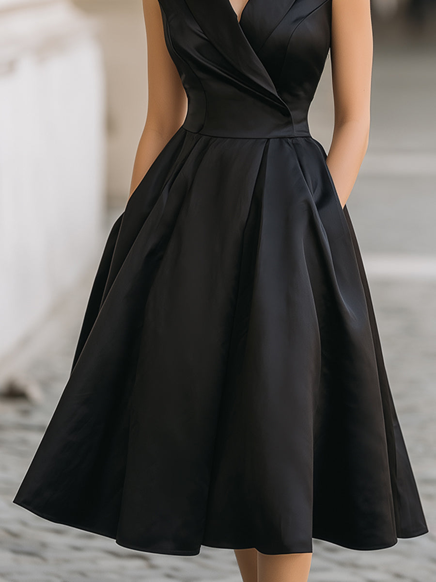 Vintage-Inspired Satin Fit-and-Flare Midi Dress With Sculpted Shawl Collar | Elegant Women's Dress