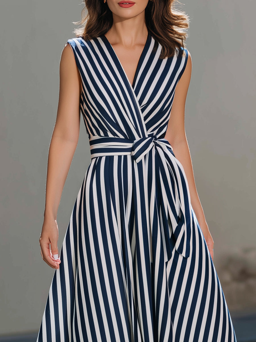 Sleeveless Wrap-Style Midi Dress With Vertical Stripe Pattern | Elegant Women's Dress