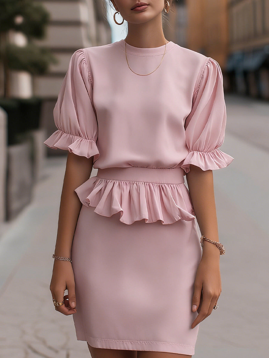 Ruffled Waist Puff Sleeve Midi Dress | Elegant Women's Dress