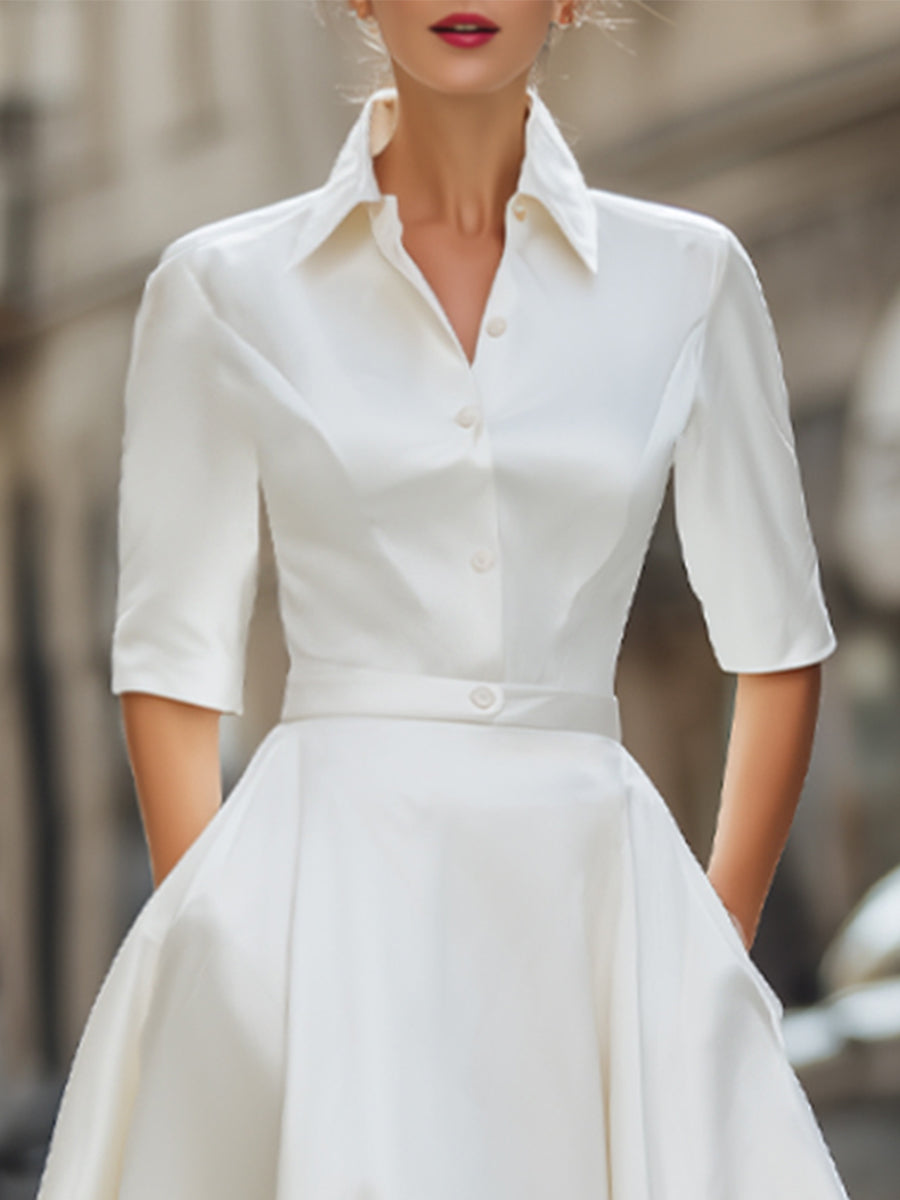 Timeless Ivory Satin Shirt Dress With Front Buttons | Elegant Women's Dress