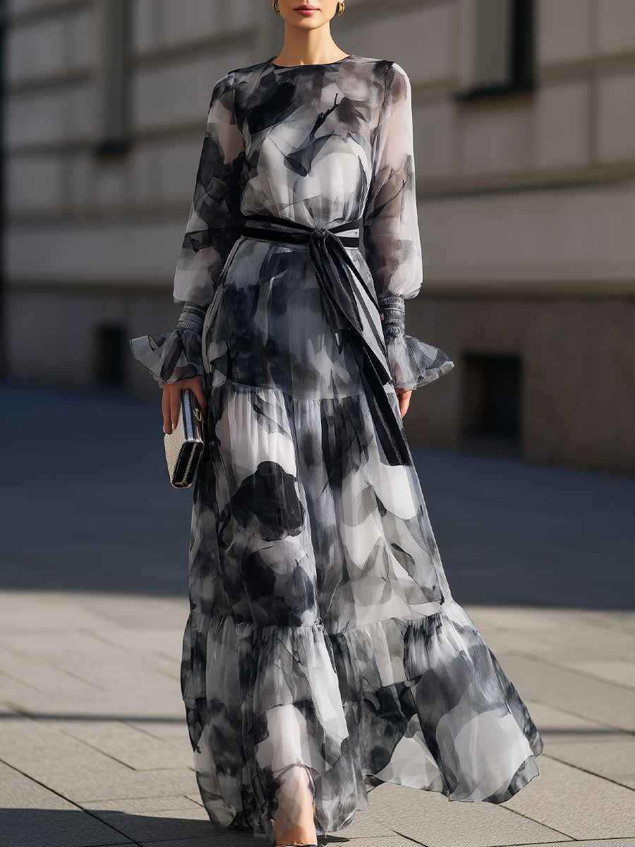 Abstract Print Tie Waist Maxi Dress | Elegant Women's Dress