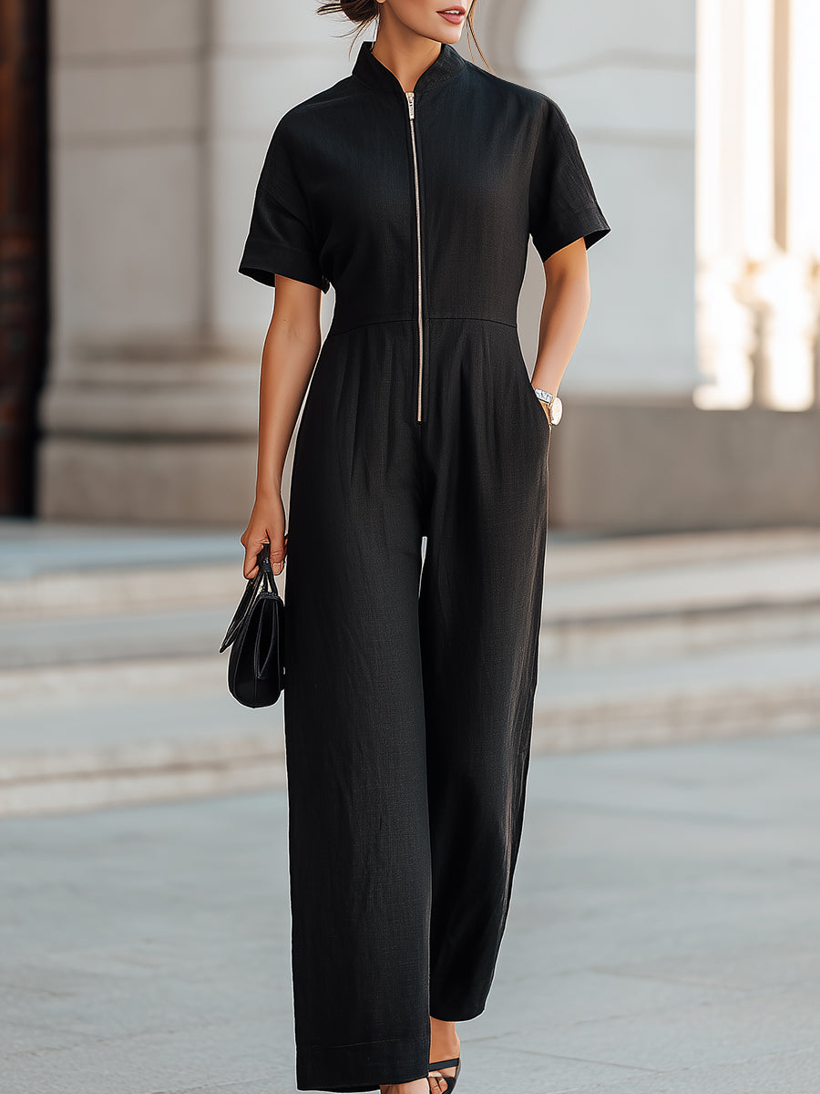 Black Linen Zip-Front Wide-Leg Jumpsuit | Elegant Women's Dress