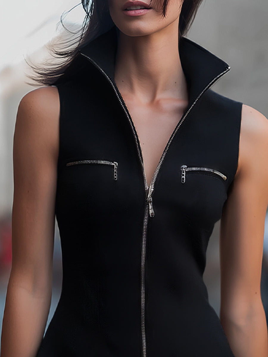 Sculpted Sleeveless Moto Vest-Dress With High Funnel Neck | Elegant Women's Dress