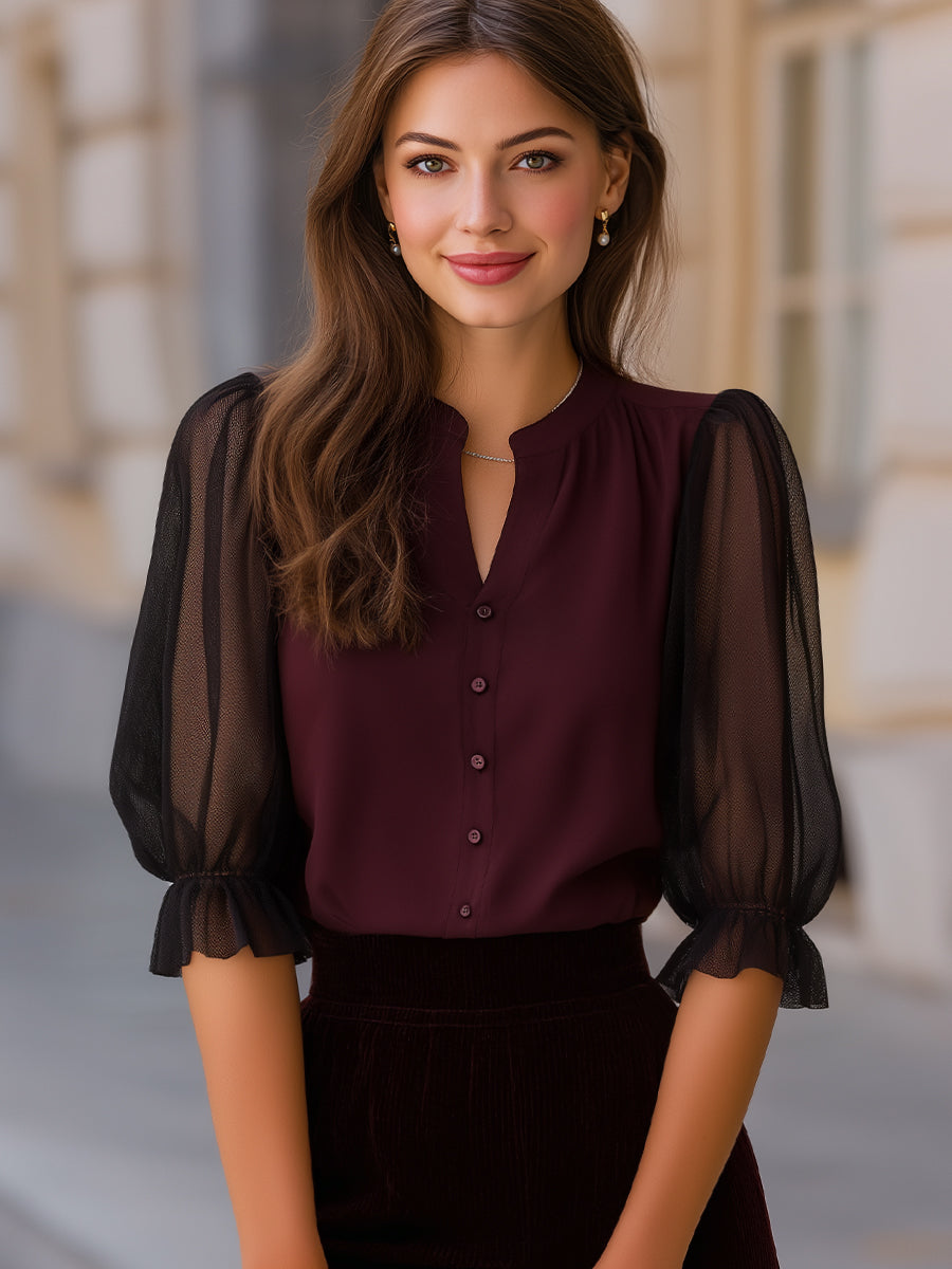 Sheer Puff Sleeve Button-Up Blouse | Elegant Women's Dress