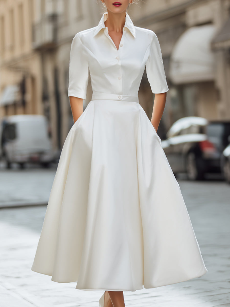 Timeless Ivory Satin Shirt Dress With Front Buttons | Elegant Women's Dress