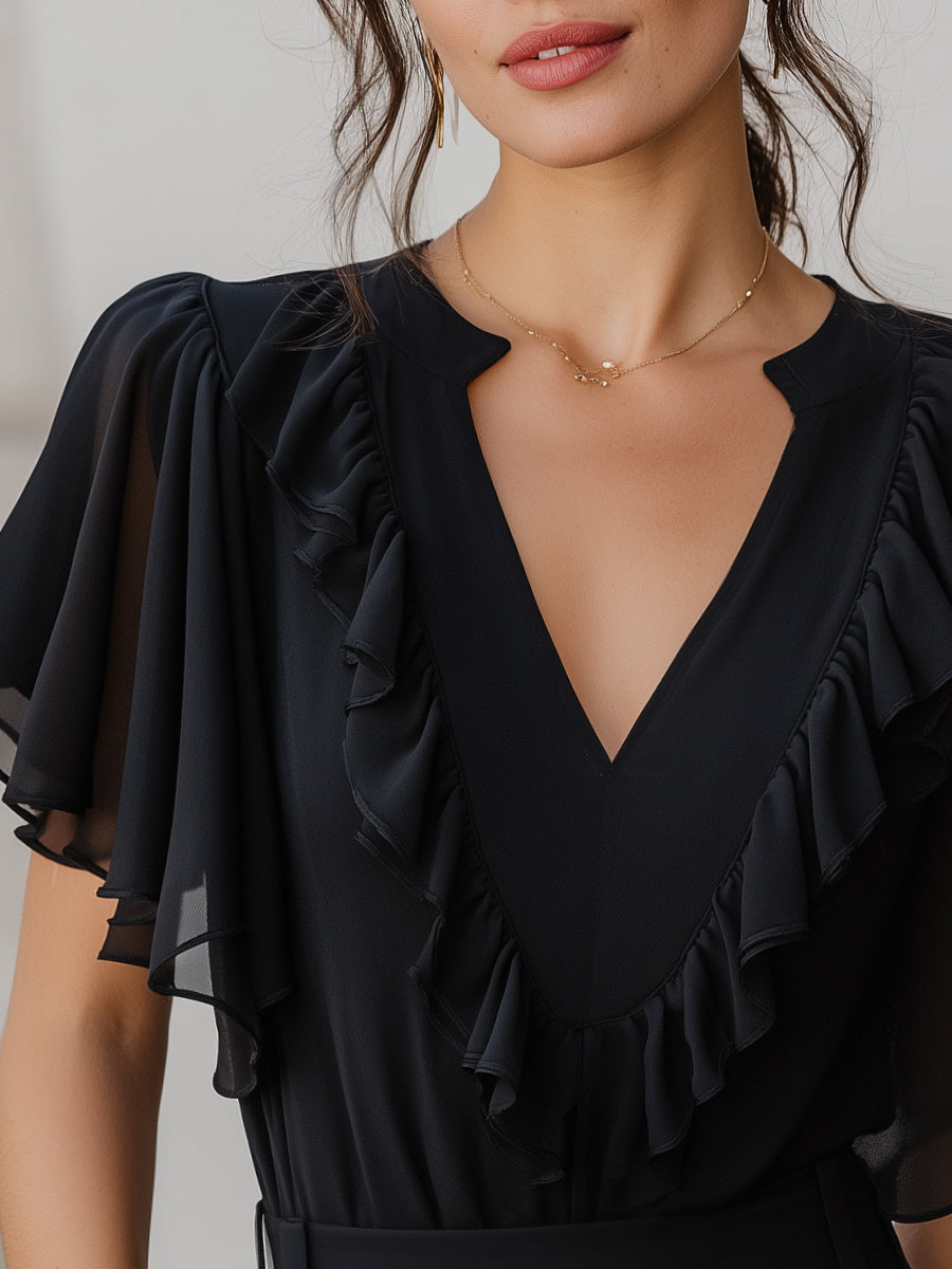 V-Neck Ruffled Chiffon Flutter Sleeve Blouse | Elegant Women's Dress