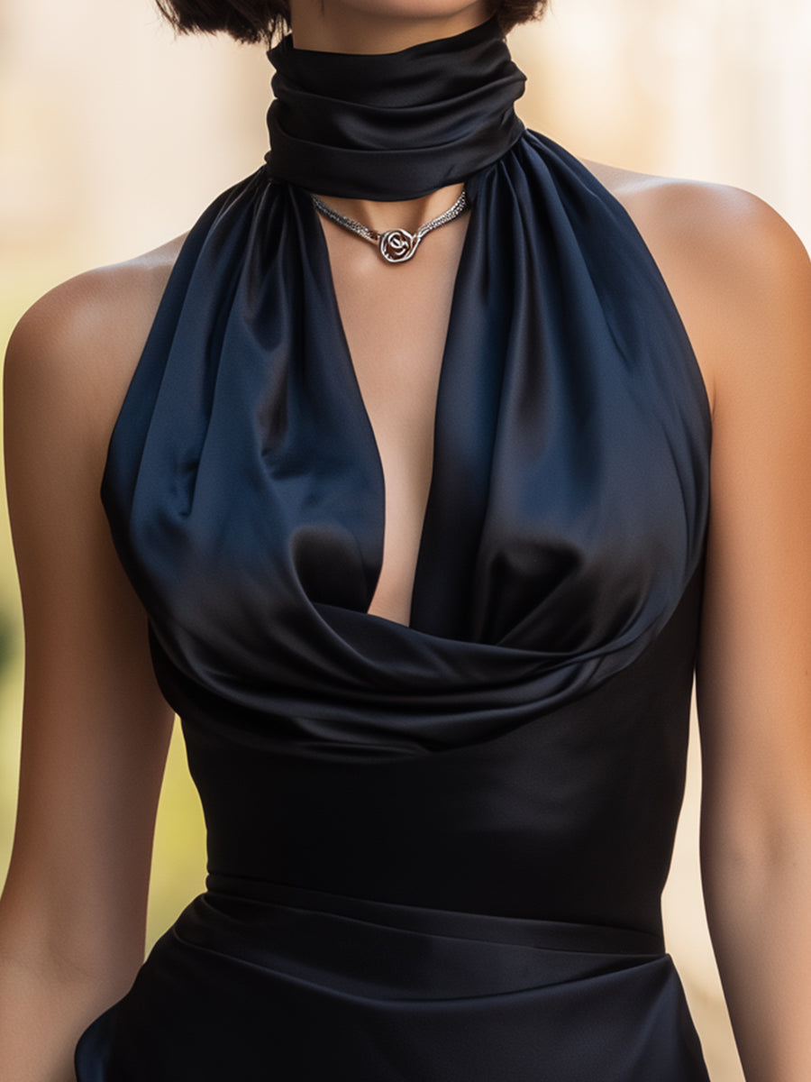 Black Satin Halter Mini Dress With Draped Neckline | Elegant Women's Dress