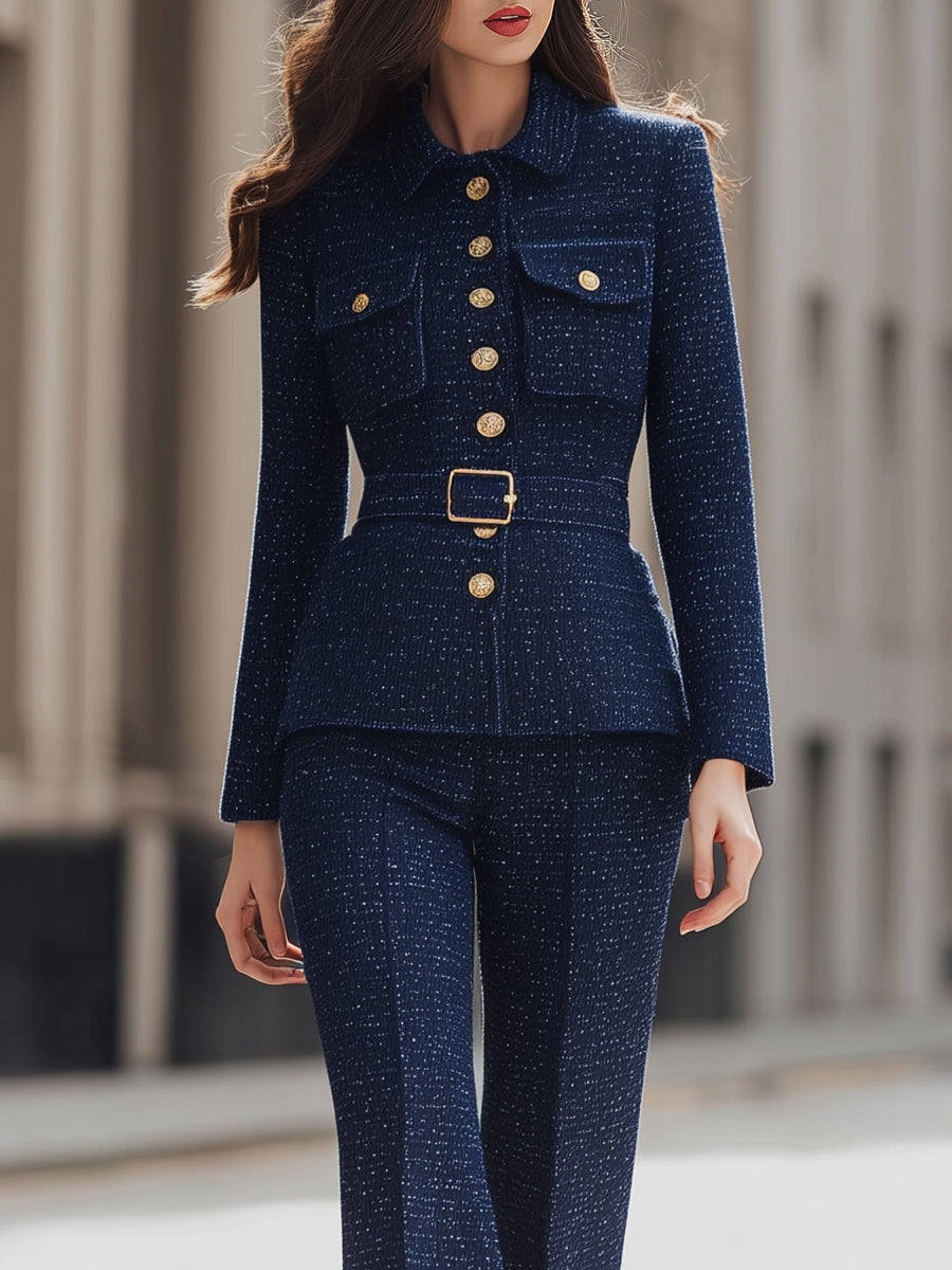 Tweed Belted Blazer And Pants Set With Gold Buttons | Elegant Women's Dress
