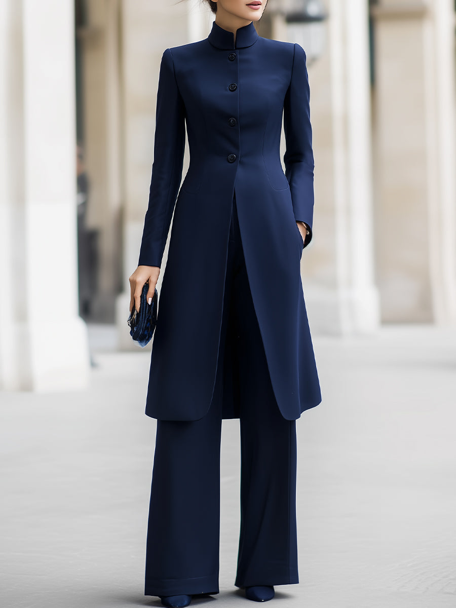 Navy Mandarin Collar Longline Blazer & Wide-Leg Pants Co-Ord Set | Elegant Women's Dress