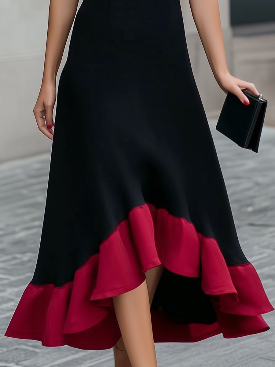 Black Midi Dress With Scarlet Ruffle Hem | Elegant Women's Dress