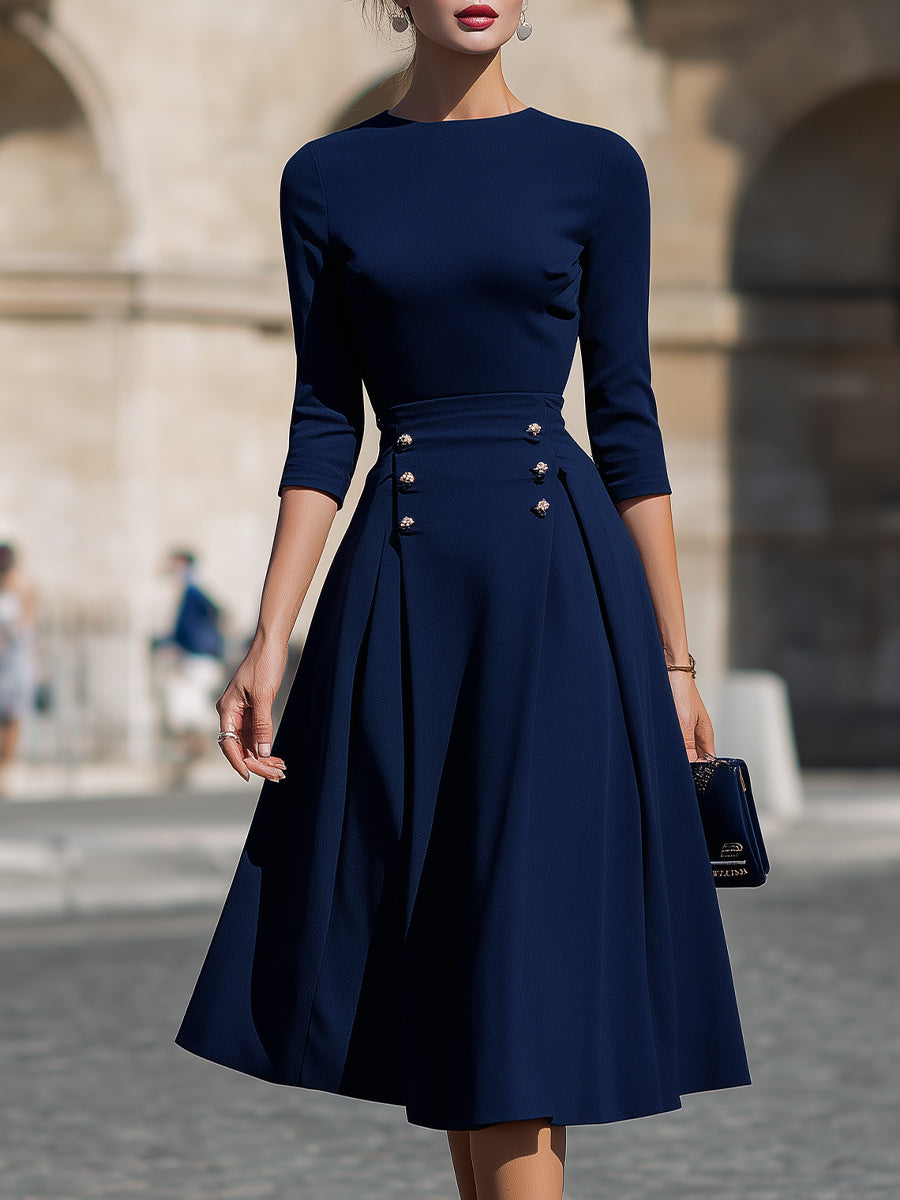Structured Waist Button-Detail Midi Dress | Elegant Women's Dress