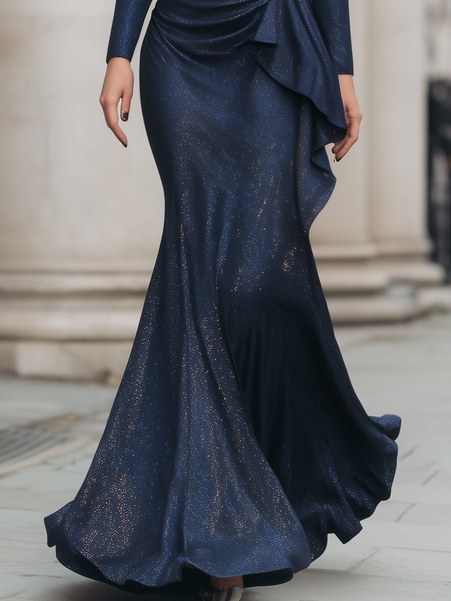 Shimmer Midnight Elegance Draped Mermaid Gown | Elegant Women's Dress