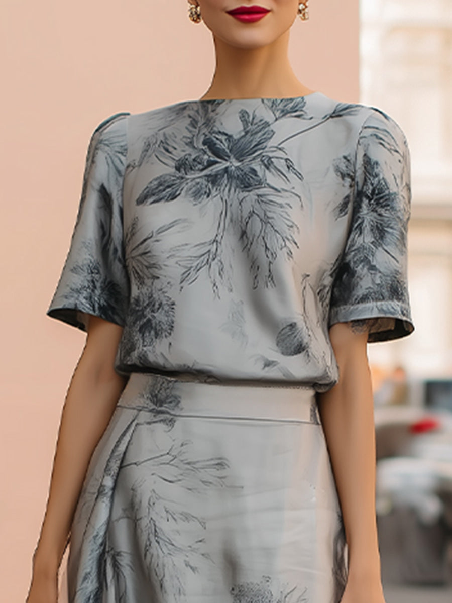 Ethereal Silver-Grey Floral Printed Two-Piece Maxi Set | Elegant Women's Dress