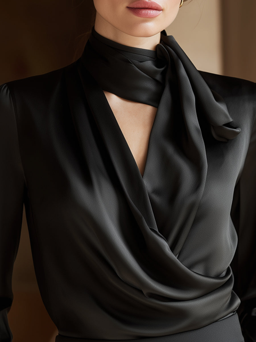 Black Draped Silk Blouse With Neck Tie Detail | Elegant Women's Dress