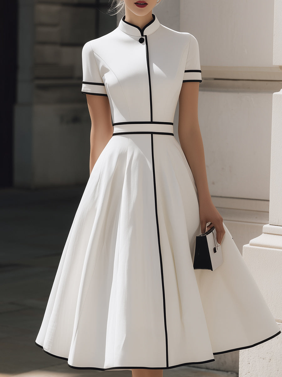 Timeless Contrast-Piped Mandarin Collar Midi Dress | Elegant Women's Dress