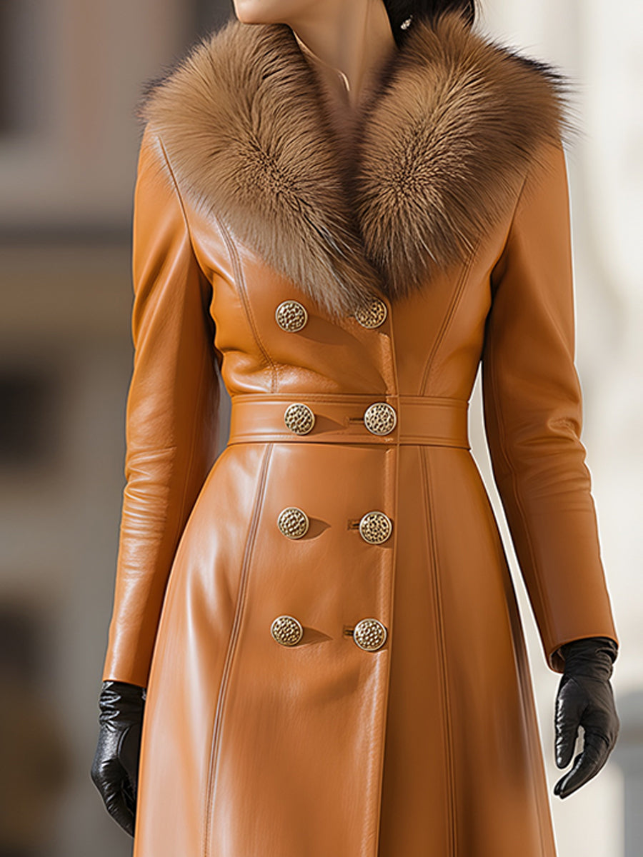 Caramel Leather Double-Breasted Coat With Fur Collar | Elegant Women's Dress