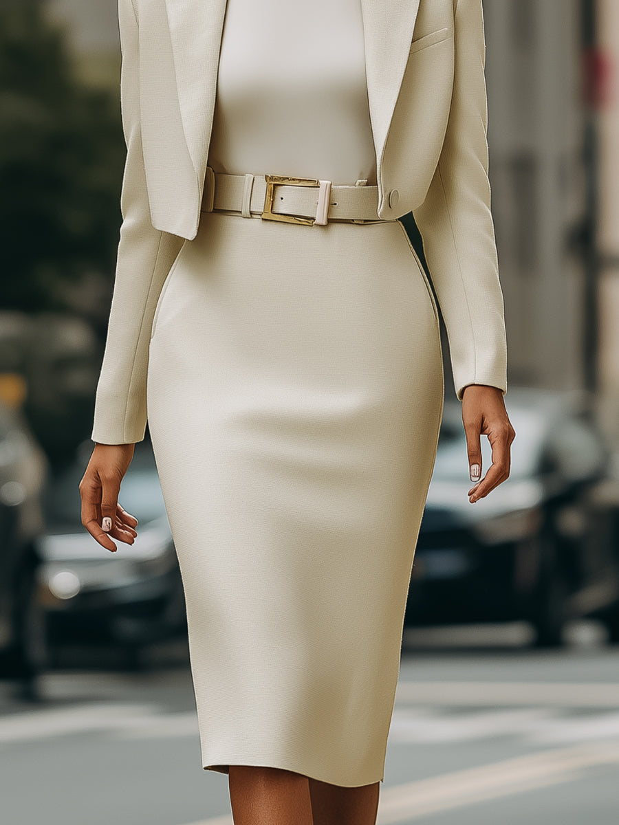 Cream Cropped Blazer And High-Waisted Pencil Skirt Set With Belt | Elegant Women's Dress