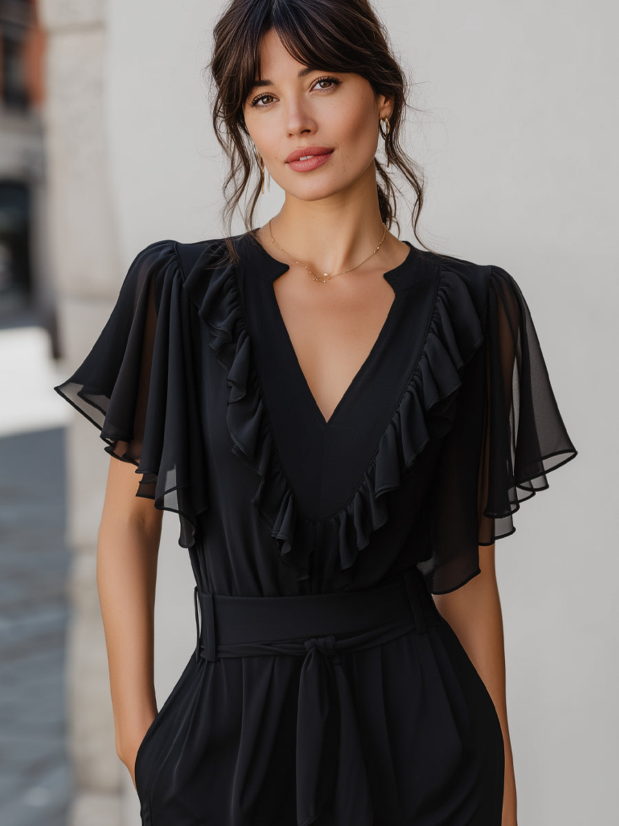 V-Neck Ruffled Chiffon Flutter Sleeve Blouse | Elegant Women's Dress