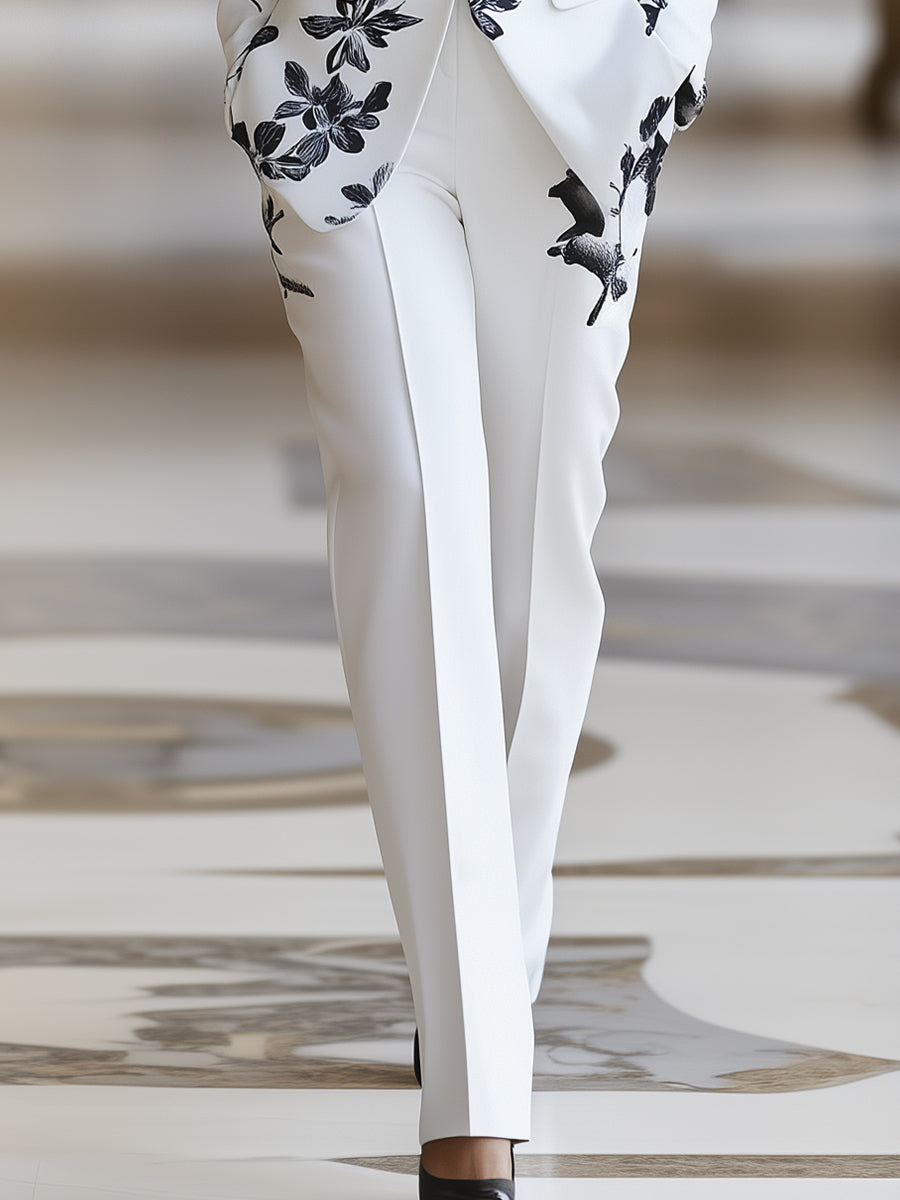 White Floral Printed Pantsuit Set | Elegant Women's Dress