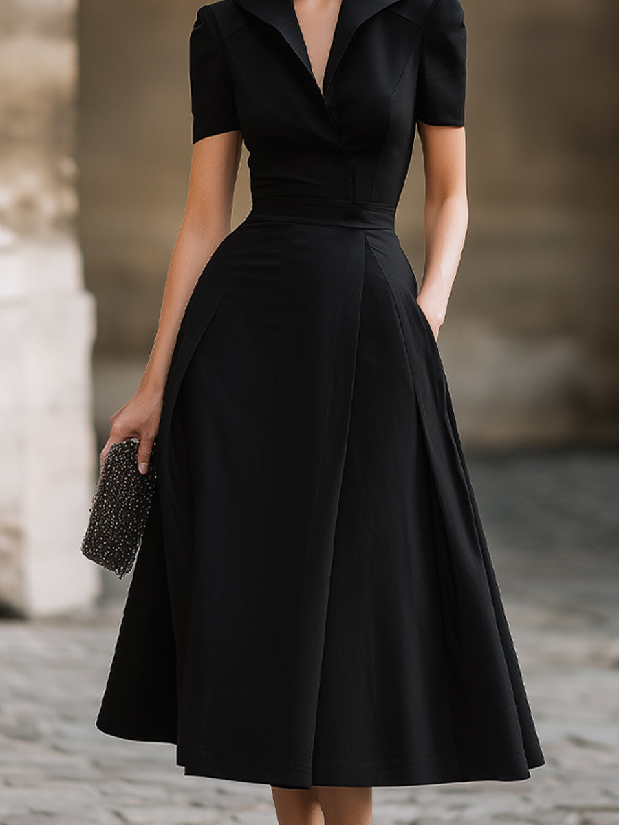 Short-Sleeve Notched Collar Midi Dress | Elegant Women's Dress