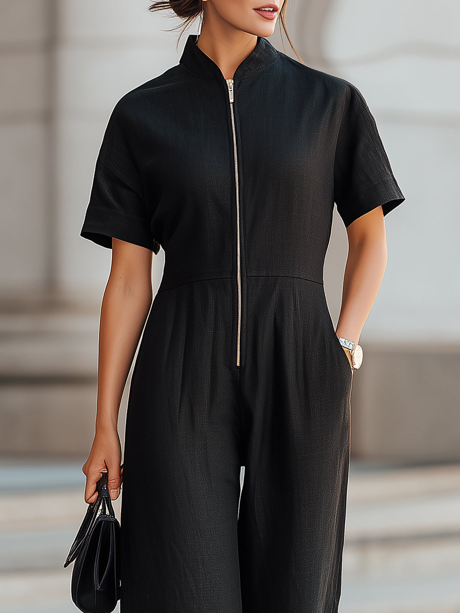 Black Linen Zip-Front Wide-Leg Jumpsuit | Elegant Women's Dress