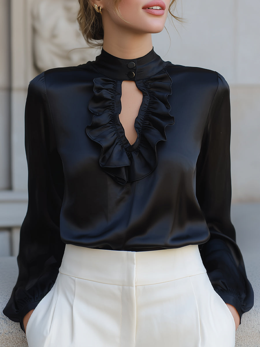 Black Satin Keyhole Ruffle Blouse | Elegant Women's Dress