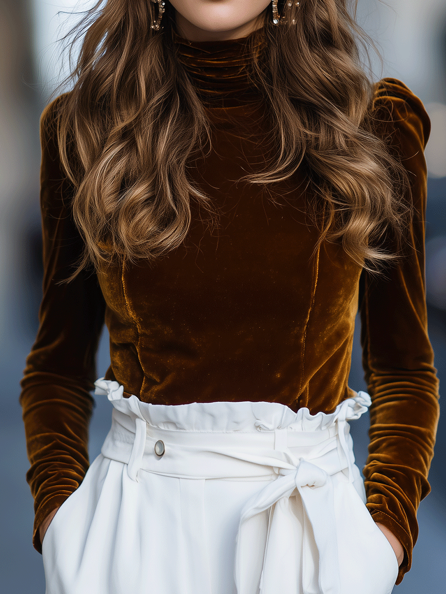 Burnt Caramel Velvet Turtleneck Top | Elegant Women's Dress